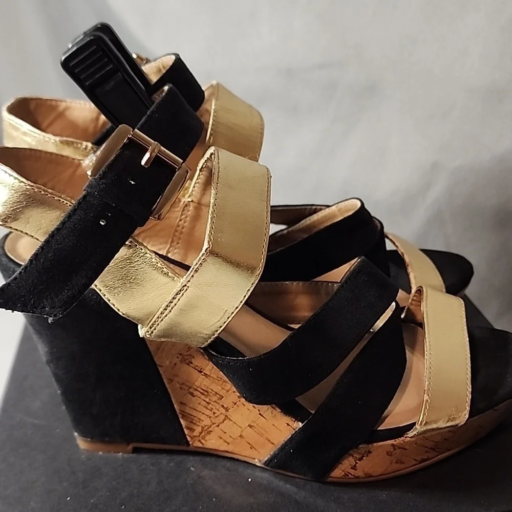 Elegant Black and Gold Women's Wedge Sandals